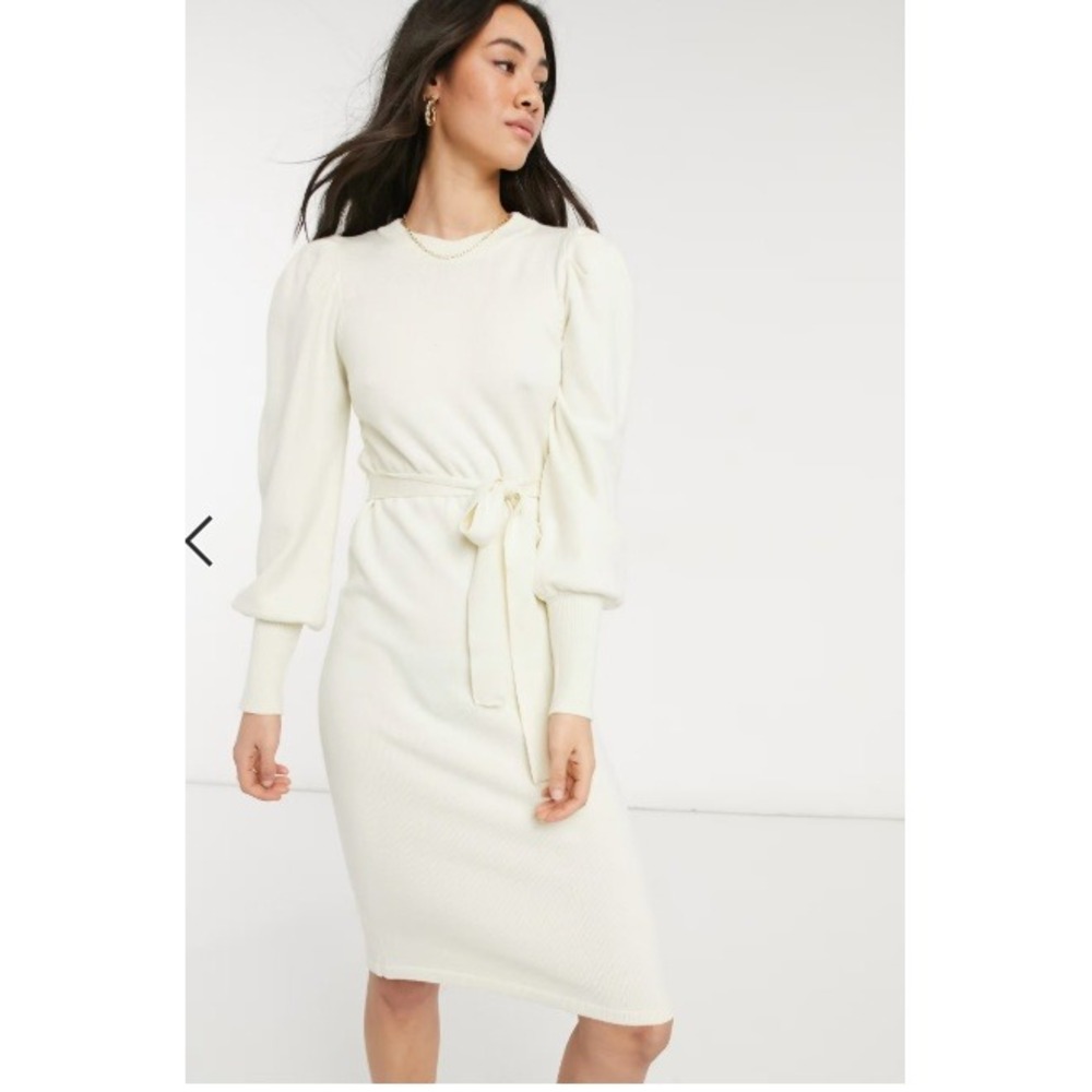Vero Moda Cream Knit Puff Sleeve Belted Sweater Dress Ivory Sz L NWT Retail $89